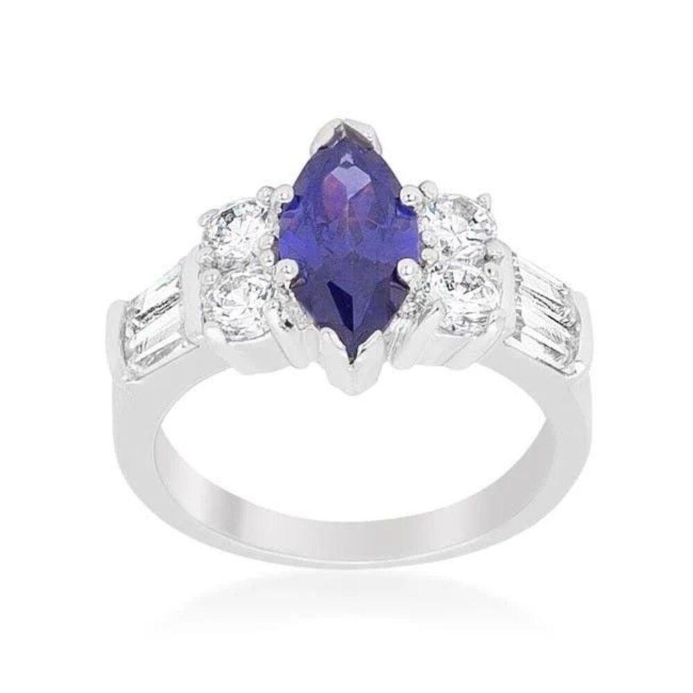 Sapphire Blue Clear CZ Rhodium Plated Silver Tone Elegant Cocktail Ring Sz 6
